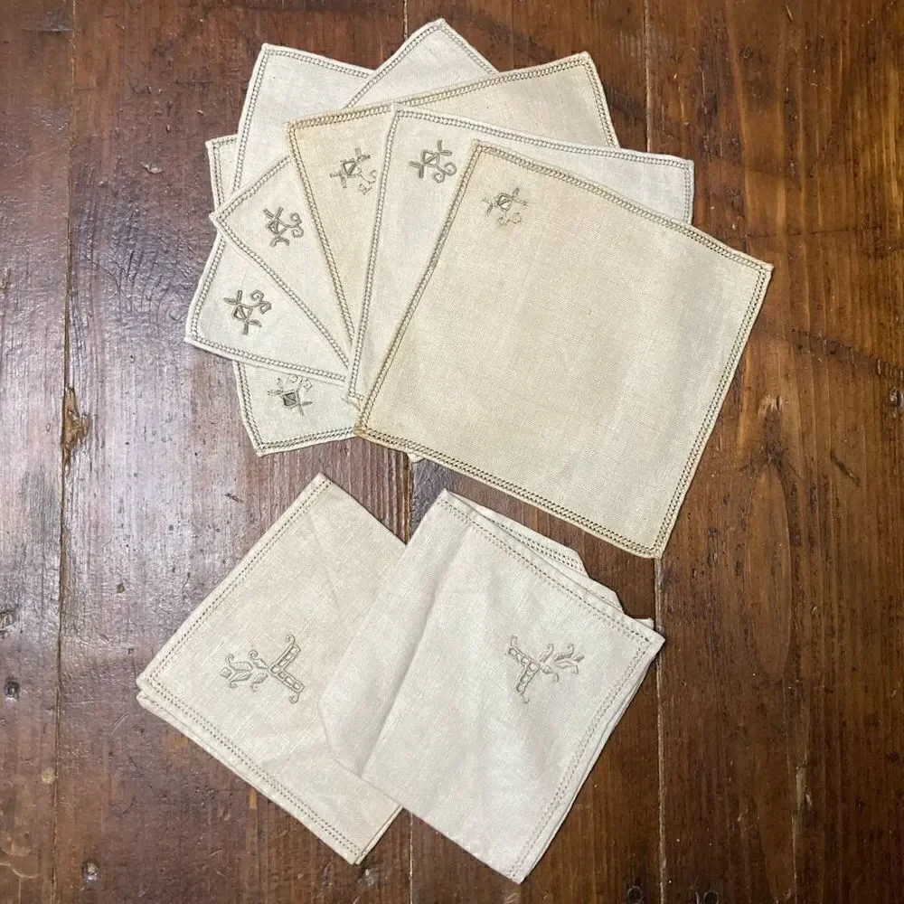 Vintage Handmade Napkin & Coaster Set, Eyelet Detail with Accented Stitching